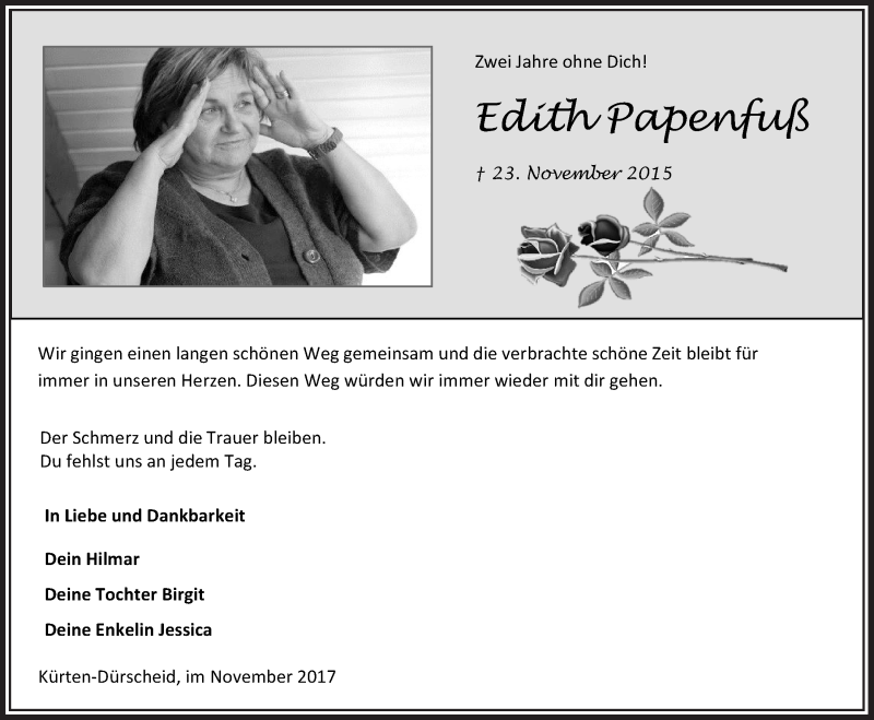  Traueranzeige für Edith Papenfuß vom 29.11.2017 aus  Bergisches Handelsblatt 