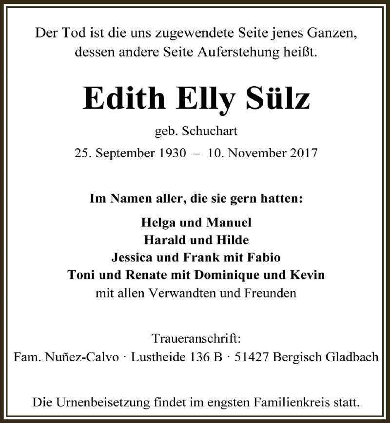  Traueranzeige für Edith Elly Sülz vom 18.11.2017 aus  Bergisches Sonntagsblatt 