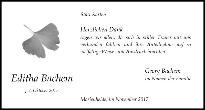  Traueranzeige für Editha Bachem vom 15.11.2017 aus  Anzeigen Echo 