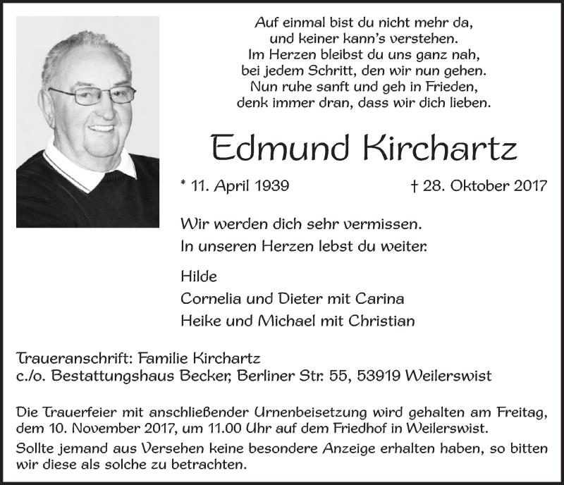  Traueranzeige für Edmund Kirchartz vom 04.11.2017 aus  Blickpunkt Euskirchen 