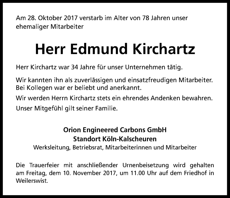  Traueranzeige für Edmund Kirchartz vom 08.11.2017 aus Kölner Stadt-Anzeiger / Kölnische Rundschau / Express