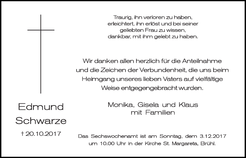  Traueranzeige für Edmund Schwarze vom 22.11.2017 aus  Schlossbote/Werbekurier 