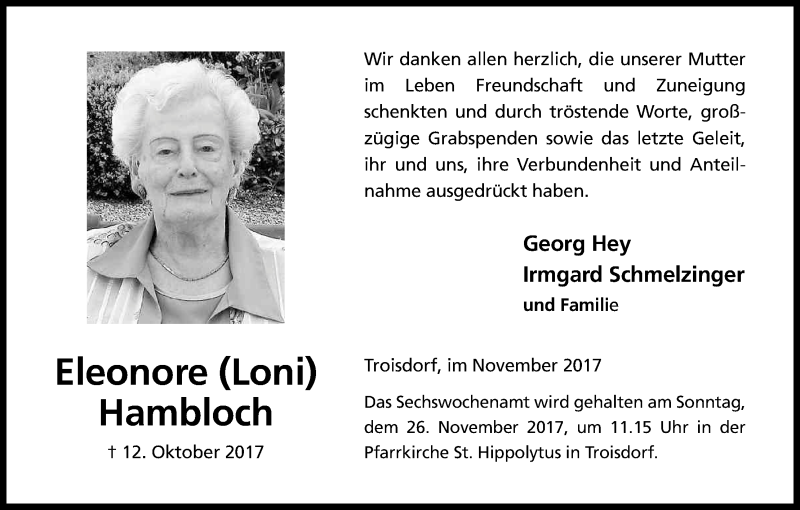  Traueranzeige für Eleonore Hambloch vom 11.11.2017 aus Kölner Stadt-Anzeiger / Kölnische Rundschau / Express