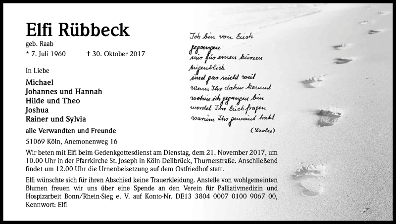  Traueranzeige für Elfi Rübbeck vom 11.11.2017 aus Kölner Stadt-Anzeiger / Kölnische Rundschau / Express