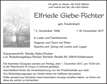 Anzeige von Elfriede Giebe-Richter von  Blickpunkt Euskirchen 
