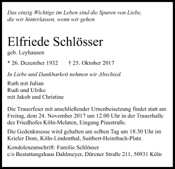 Anzeige von Elfriede Schlösser von Kölner Stadt-Anzeiger / Kölnische Rundschau / Express