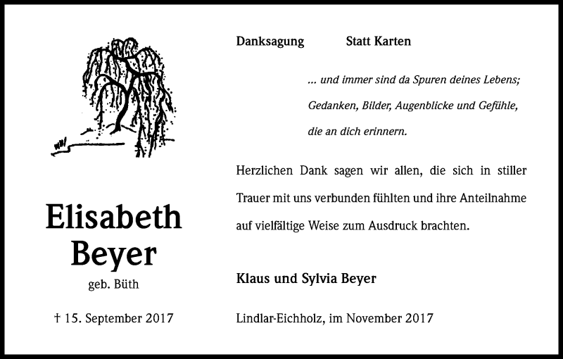  Traueranzeige für Elisabeth Beyer vom 18.11.2017 aus Kölner Stadt-Anzeiger / Kölnische Rundschau / Express