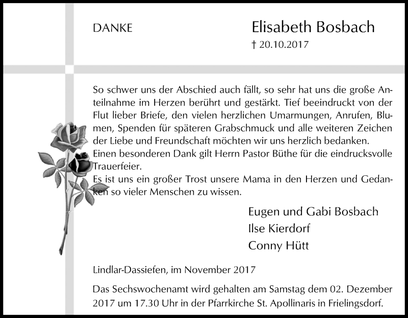  Traueranzeige für Elisabeth Bosbach vom 25.11.2017 aus Kölner Stadt-Anzeiger / Kölnische Rundschau / Express