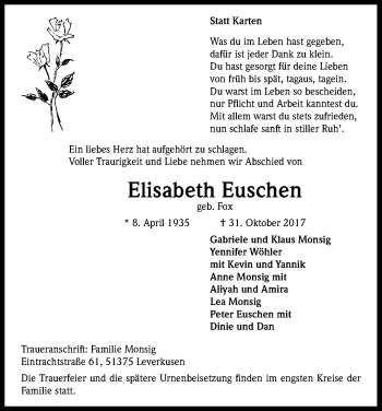 Anzeige von Elisabeth Euschen von Kölner Stadt-Anzeiger / Kölnische Rundschau / Express