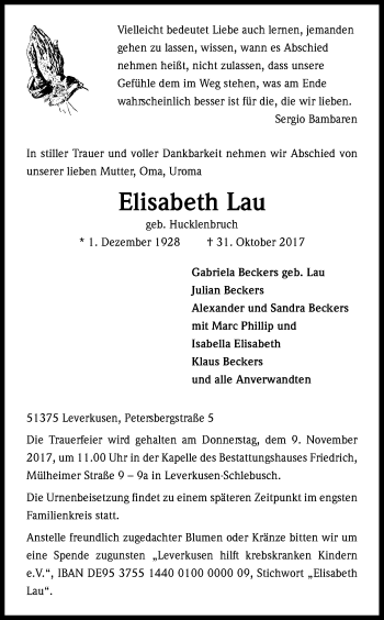 Anzeige von Elisabeth Lau von Kölner Stadt-Anzeiger / Kölnische Rundschau / Express