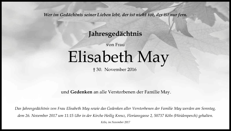  Traueranzeige für Elisabeth May vom 18.11.2017 aus Kölner Stadt-Anzeiger / Kölnische Rundschau / Express