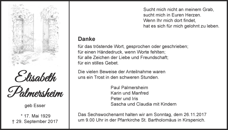  Traueranzeige für Elisabeth Palmersheim vom 11.11.2017 aus  Blickpunkt Euskirchen 
