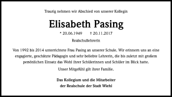 Anzeige von Elisabeth Pasing von Kölner Stadt-Anzeiger / Kölnische Rundschau / Express