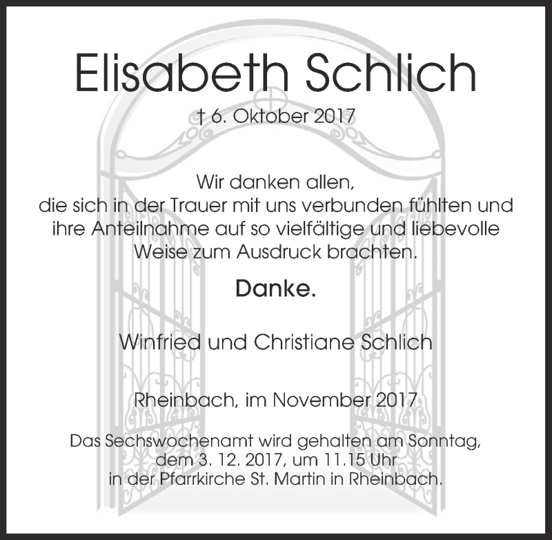  Traueranzeige für Elisabeth Schlich vom 22.11.2017 aus  Schaufenster/Blickpunkt 