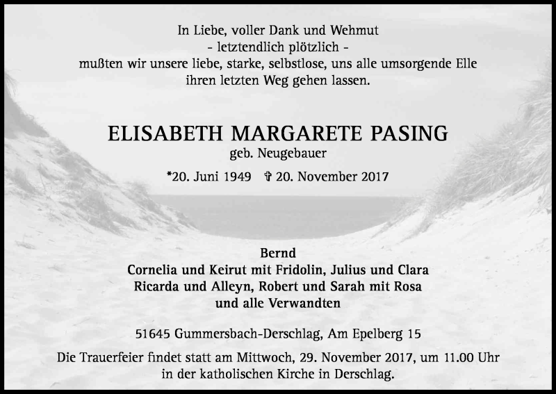  Traueranzeige für Elisabeth Margarete Pasing vom 25.11.2017 aus Kölner Stadt-Anzeiger / Kölnische Rundschau / Express
