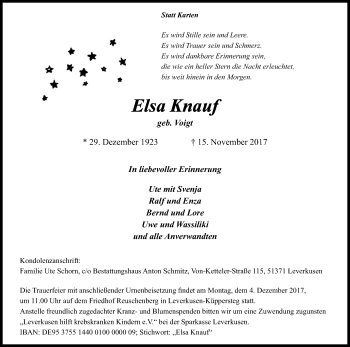 Anzeige von Elsa Knauf von Kölner Stadt-Anzeiger / Kölnische Rundschau / Express