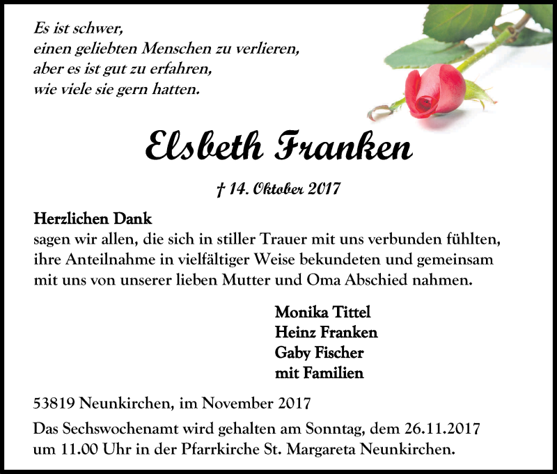  Traueranzeige für Elsbeth Franken vom 18.11.2017 aus Kölner Stadt-Anzeiger / Kölnische Rundschau / Express