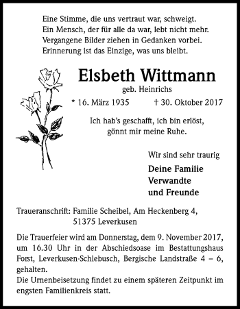 Anzeige von Elsbeth Wittmann von Kölner Stadt-Anzeiger / Kölnische Rundschau / Express