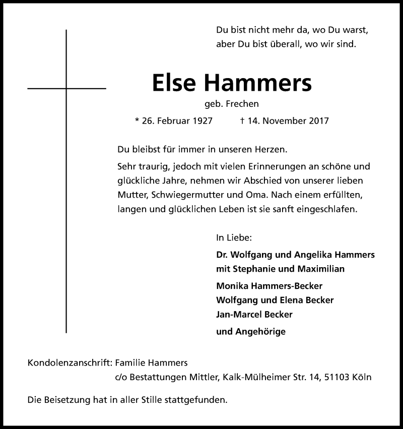  Traueranzeige für Else Hammers vom 25.11.2017 aus Kölner Stadt-Anzeiger / Kölnische Rundschau / Express
