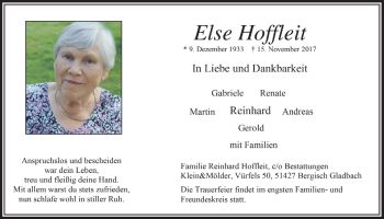 Anzeige von Else Hoffleit von  Bergisches Handelsblatt 