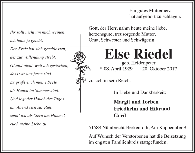  Traueranzeige für Else Riedel vom 08.11.2017 aus  Lokalanzeiger 