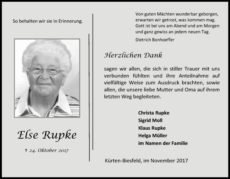  Traueranzeige für Else Rupke vom 25.11.2017 aus Kölner Stadt-Anzeiger / Kölnische Rundschau / Express