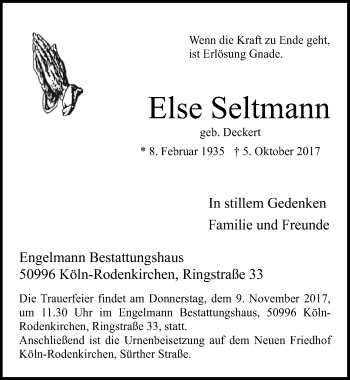 Anzeige von Else Seltmann von  Kölner Wochenspiegel 