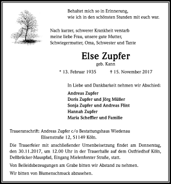 Anzeige von Else Zupfer von Kölner Stadt-Anzeiger / Kölnische Rundschau / Express