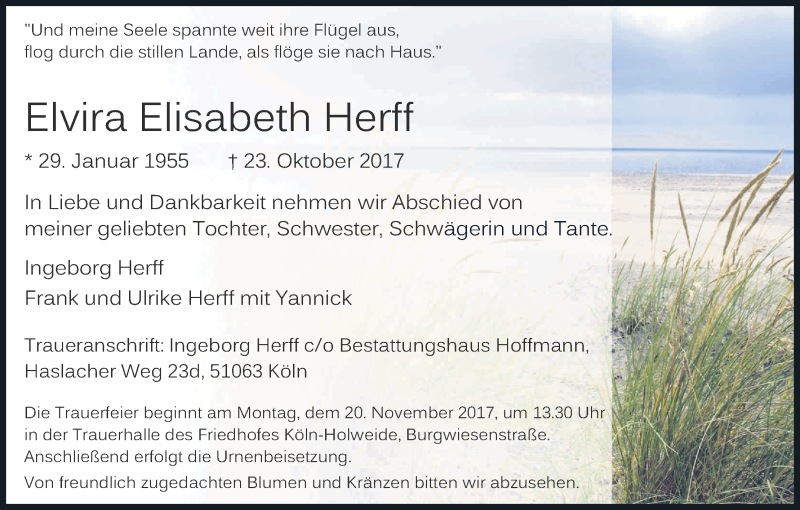  Traueranzeige für Elvira Elisabeth Herff vom 11.11.2017 aus Kölner Stadt-Anzeiger / Kölnische Rundschau / Express