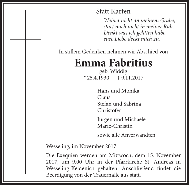  Traueranzeige für Emma Fabritius vom 15.11.2017 aus  Schlossbote/Werbekurier 