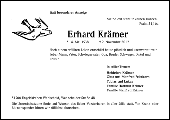 Anzeige von Erhard Krämer von Kölner Stadt-Anzeiger / Kölnische Rundschau / Express