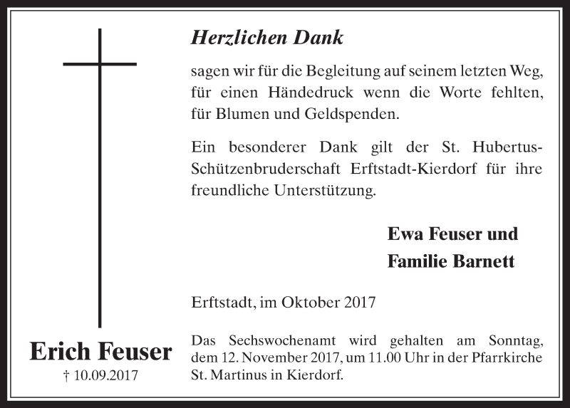  Traueranzeige für Erich Feuser vom 02.11.2017 aus  Werbepost 