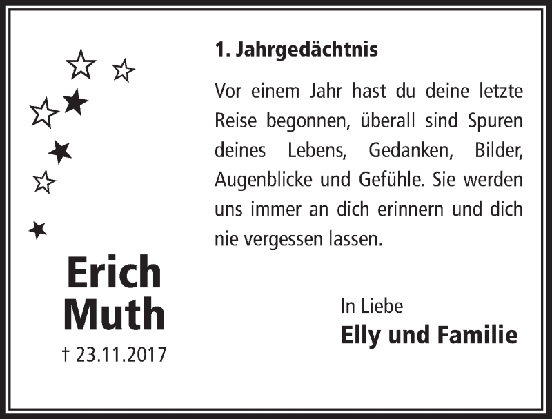  Traueranzeige für Erich Muth vom 22.11.2017 aus  Lokalanzeiger 