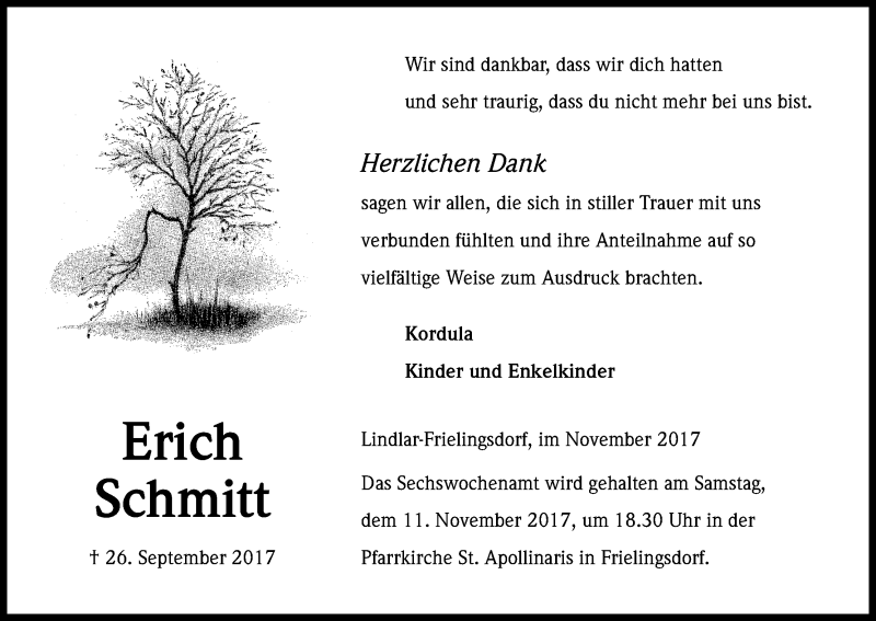  Traueranzeige für Erich Schmitt vom 04.11.2017 aus Kölner Stadt-Anzeiger / Kölnische Rundschau / Express