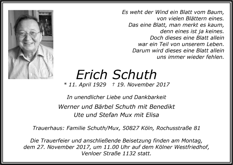  Traueranzeige für Erich Schuth vom 22.11.2017 aus Kölner Stadt-Anzeiger / Kölnische Rundschau / Express