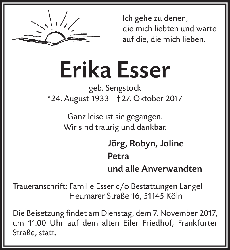  Traueranzeige für Erika Esser vom 04.11.2017 aus 