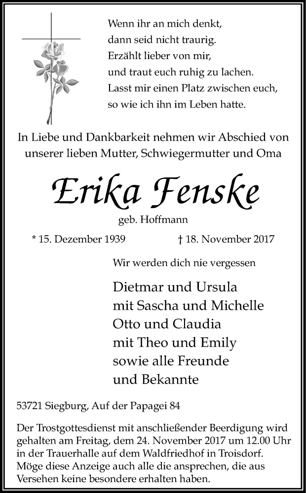  Traueranzeige für Erika Fenske vom 22.11.2017 aus Kölner Stadt-Anzeiger / Kölnische Rundschau / Express