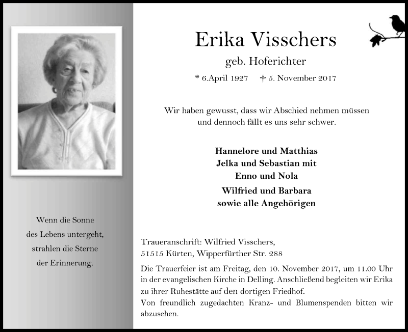  Traueranzeige für Erika Visschers vom 07.11.2017 aus Kölner Stadt-Anzeiger / Kölnische Rundschau / Express