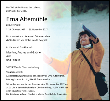 Anzeige von Erna Altenmühle von Kölner Stadt-Anzeiger / Kölnische Rundschau / Express