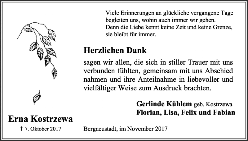  Traueranzeige für Erna Kostrzewa vom 11.11.2017 aus Kölner Stadt-Anzeiger / Kölnische Rundschau / Express