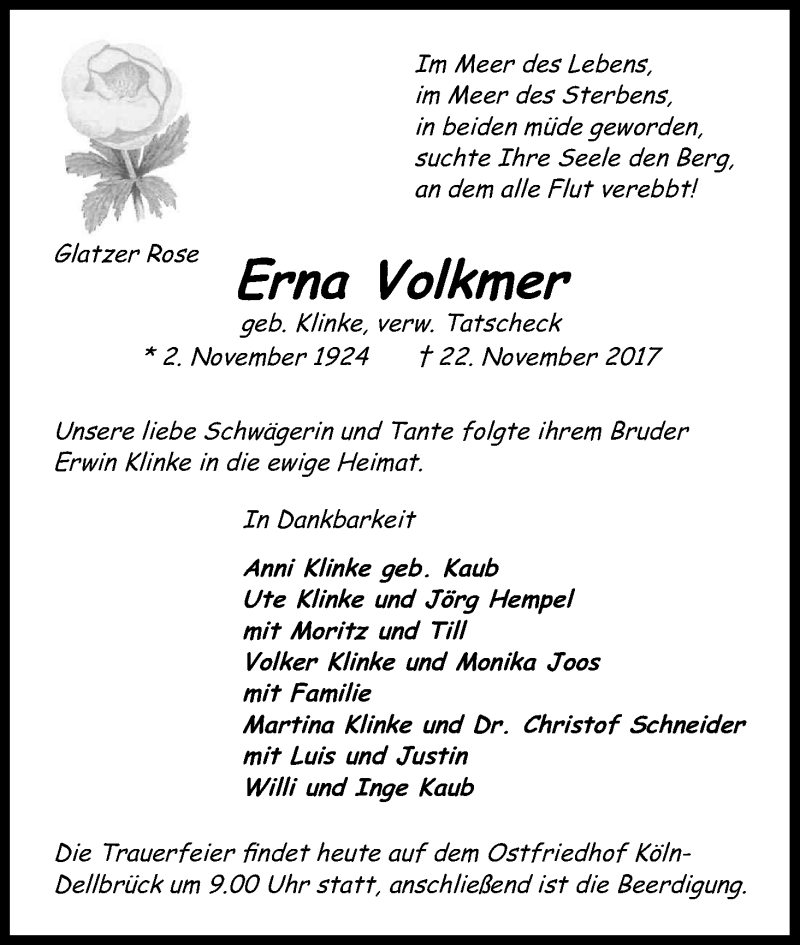  Traueranzeige für Erna Volkmer vom 30.11.2017 aus Kölner Stadt-Anzeiger / Kölnische Rundschau / Express