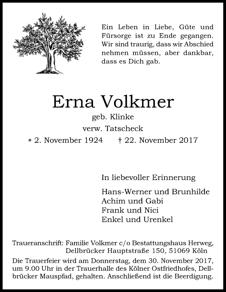  Traueranzeige für Erna Volkmer vom 28.11.2017 aus Kölner Stadt-Anzeiger / Kölnische Rundschau / Express