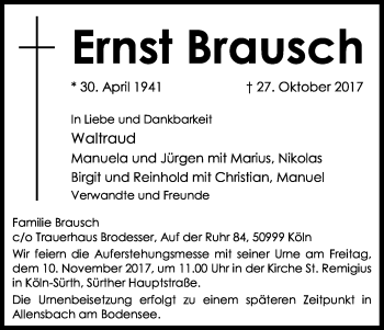 Anzeige von Ernst Brausch von Kölner Stadt-Anzeiger / Kölnische Rundschau / Express