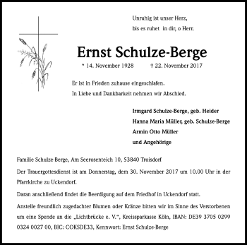Anzeige von Ernst Schulze-Berge von Kölner Stadt-Anzeiger / Kölnische Rundschau / Express