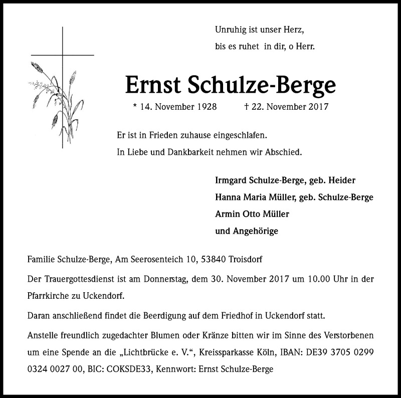  Traueranzeige für Ernst Schulze-Berge vom 27.11.2017 aus Kölner Stadt-Anzeiger / Kölnische Rundschau / Express