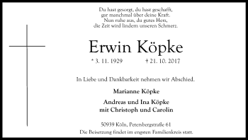 Anzeige von Erwin Köpke von Kölner Stadt-Anzeiger / Kölnische Rundschau / Express