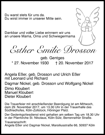 Anzeige von Esther Emilie Drosson von Kölner Stadt-Anzeiger / Kölnische Rundschau / Express
