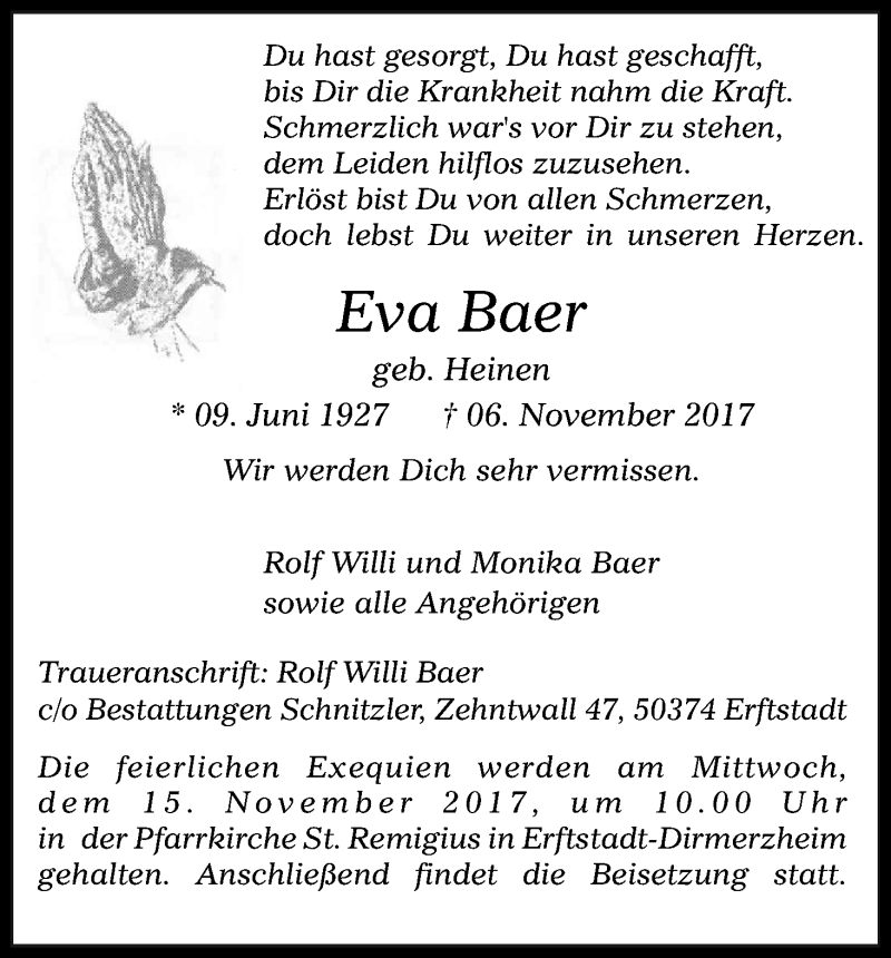  Traueranzeige für Eva Baer vom 14.11.2017 aus Kölner Stadt-Anzeiger / Kölnische Rundschau / Express