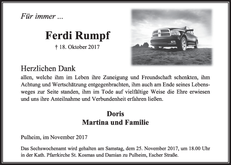  Traueranzeige für Ferdi Rumpf vom 25.11.2017 aus  Sonntags-Post 