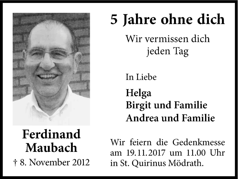  Traueranzeige für Ferdinand Maubach vom 18.11.2017 aus Kölner Stadt-Anzeiger / Kölnische Rundschau / Express